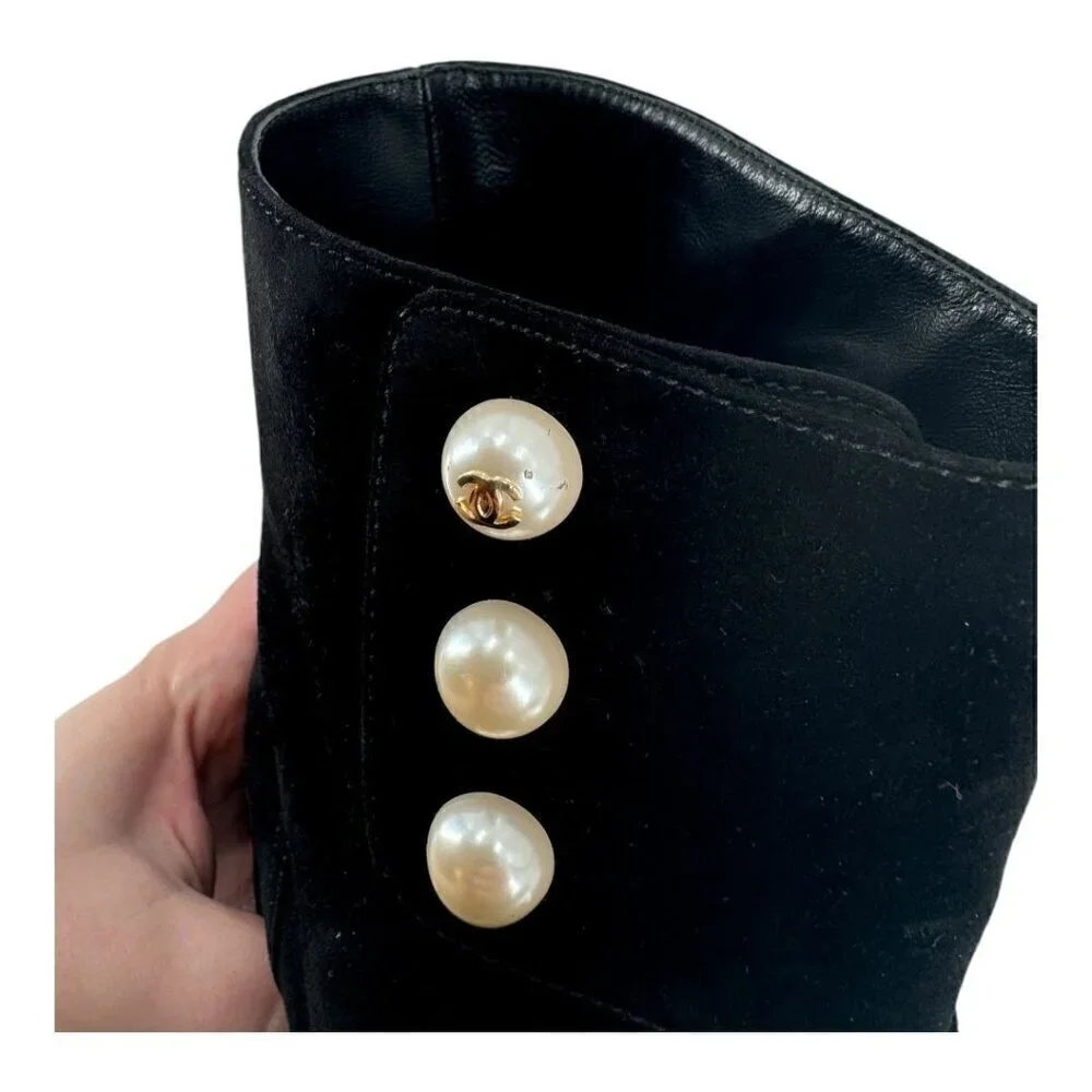 Chanel Suede Pearl CC Logo Patent Cap Toe Short Boots - Picture 9 of 16
